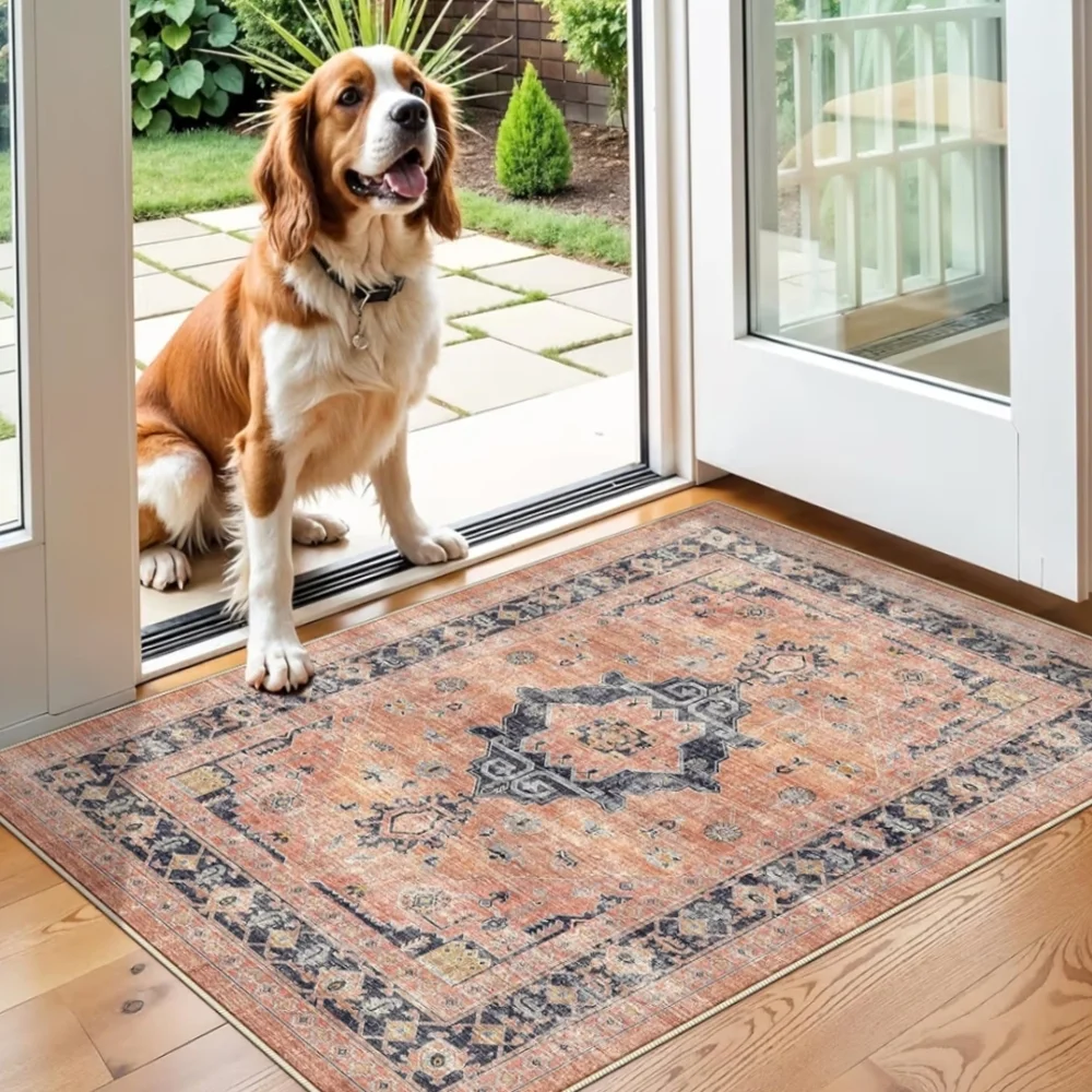 NWT 2'x3' Boho Rug Non-Slip Machine Washable In Orange/Beige/Navy/Gray